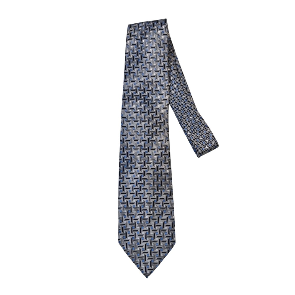 Paul Smith London 100% Silk‎ Geometric Pattern Necktie Mens Blue Silver EUC